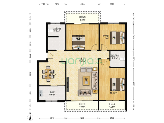 龙鑫小区 3室2厅2卫 135平方