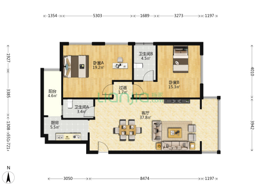 俊发盛唐城E区江山郡 2室1厅2卫 120平方