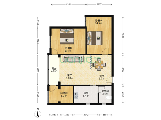 百科大厦 2室2厅1卫 94平方