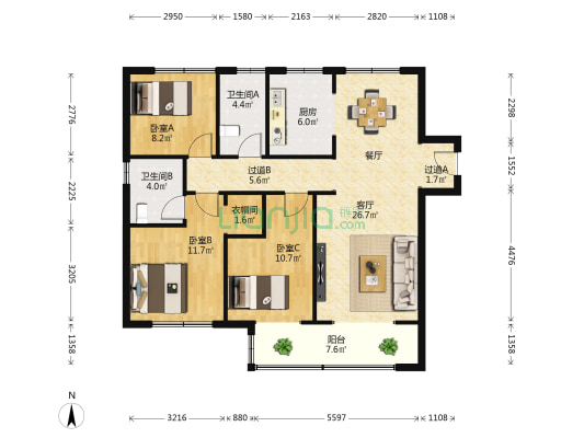 雨荷郡 3室1厅2卫 130平方