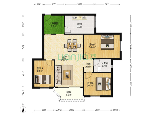华景新城龙门阁 3室1厅1卫 110平方
