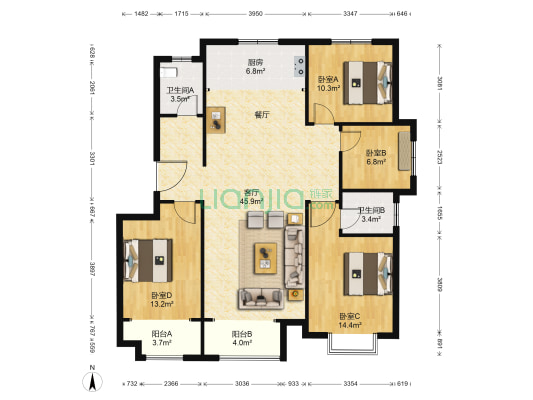 银海世家 4室1厅2卫 146平方