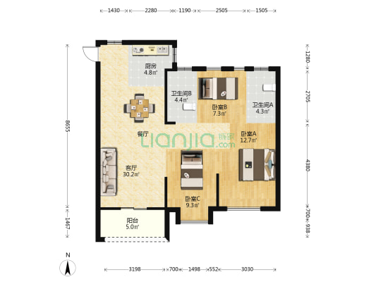 万科紫台 3室1厅2卫 89平方