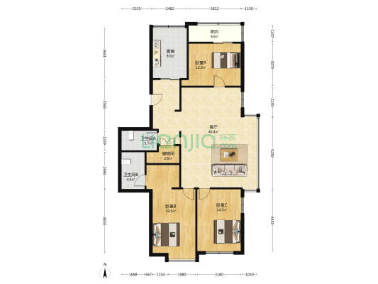 银海公寓 3室1厅2卫 149平方