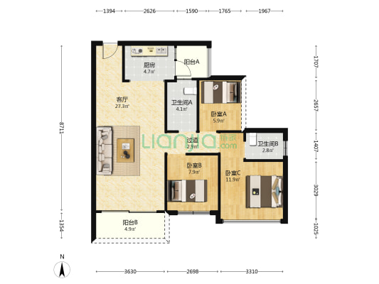 冠华城桂香园三期 3室1厅2卫 93平方