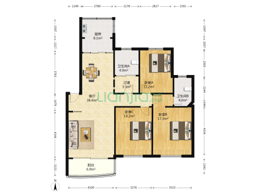 世纪花园（高新） 3室1厅2卫 118平方