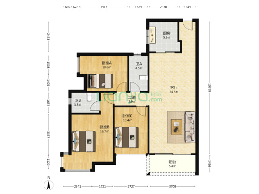 嘉好悦园 3室1厅2卫 106平方