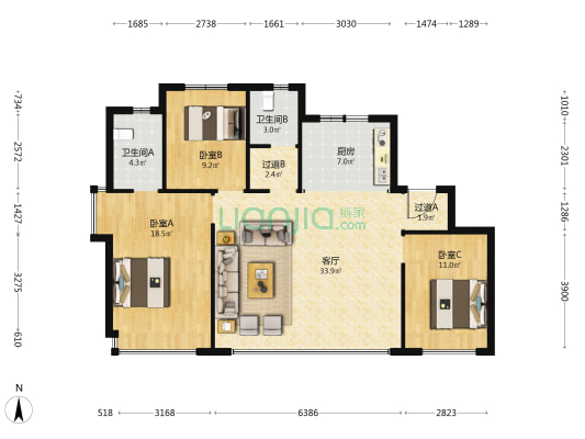 中海十里观澜 3室1厅2卫 128平方