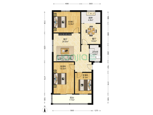 丽的2002小区 3室2厅1卫 103平方