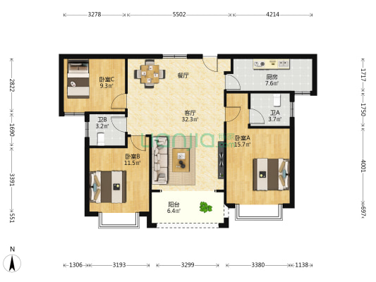北海之滨南苑 3室1厅2卫 120平方