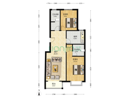 鸿盛凯旋门70年大产权，两居双卫，洋房社区满五唯一-户型图