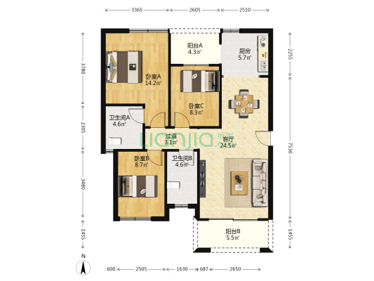 江衡铭居 3室1厅2卫 105平方