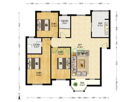 恒达文峰花园 3室1厅2卫 138平方