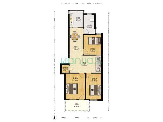 土地局宿舍 3室2厅1卫 90平方