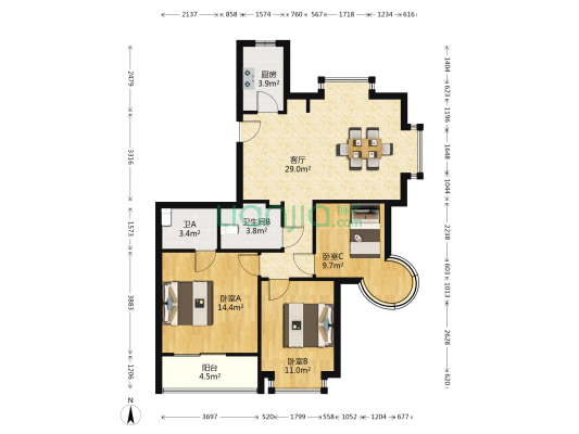 新龙公寓 3室1厅2卫 110平方