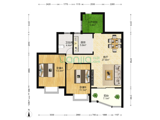 世纪城鸿江苑 2室1厅1卫 95平方