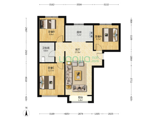 南北通透三居，中间楼层，采光充足，视野开阔-户型图