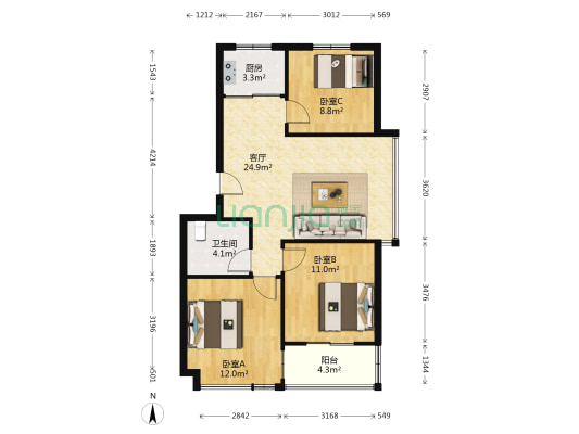 贵和华庭 3室1厅1卫 85平方