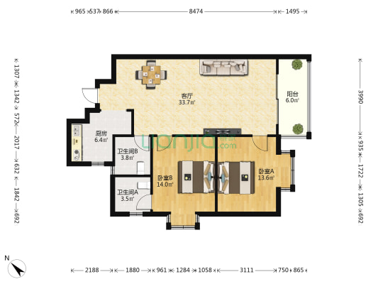 景阳小区 2室1厅2卫 95平方