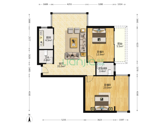 天润大厦 2室1厅2卫 102平方