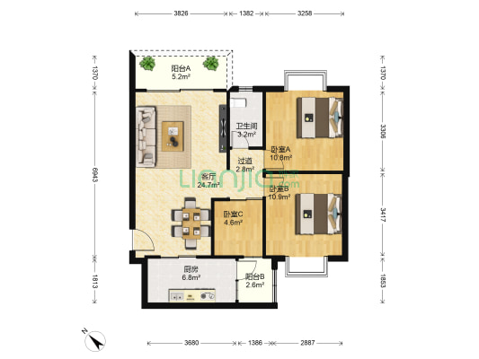 汇星苑 3室1厅1卫 83平方