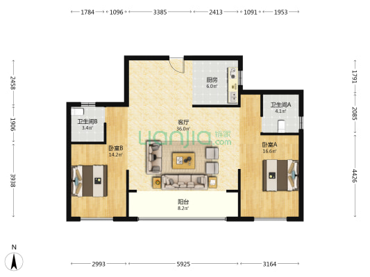 东厦滨江上品北区 2室1厅2卫 110平方