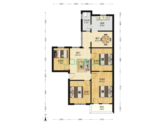 省海信宿舍 4室2厅1卫 91平方