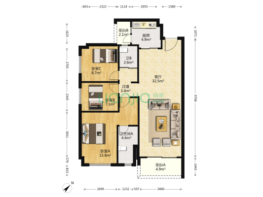 碧桂园君临壹品 3室1厅2卫 107平方
