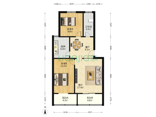 赐闲湖4号 2室2厅1卫 87平方