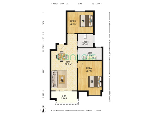 书院名居 2室1厅1卫 83平方