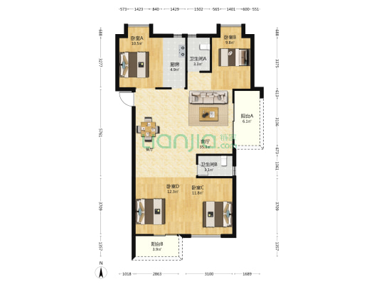新榕金江郡南区 4室1厅2卫 127平方