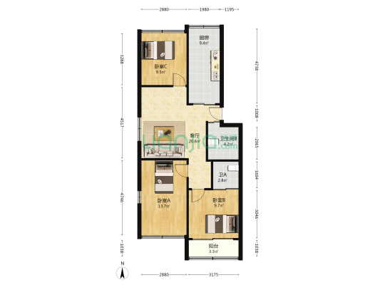 邮电宿舍 3室1厅2卫 93平方