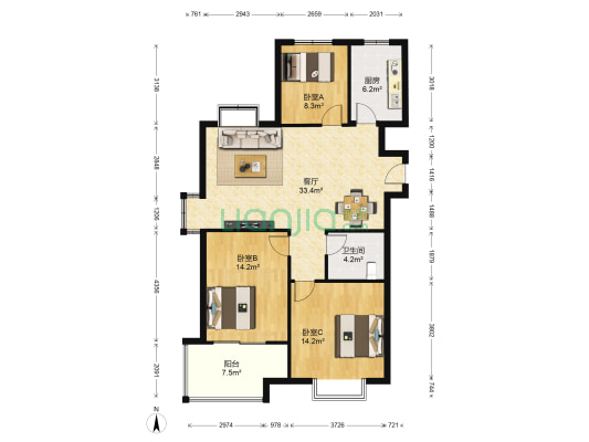 东方名苑 3室1厅1卫 118平方