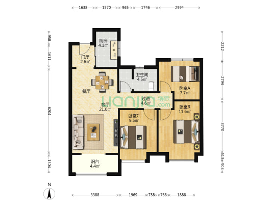 西咸城投新华阙 3室1厅1卫 97平方