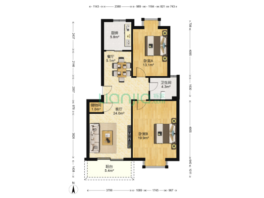 聚航苑 2室2厅1卫 92平方