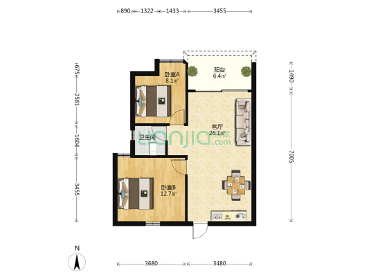 华庭时光里 2室1厅1卫 70平方