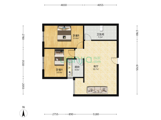 强舜铭铖 2室2厅 西-户型图