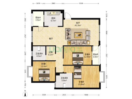 长水航城苜蓿苑 3室1厅2卫 125平方