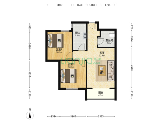 颐景雅苑 精装未住两居 中间好楼层-户型图