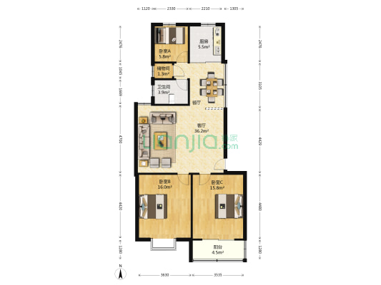 绿适居 3室1厅1卫 107平方