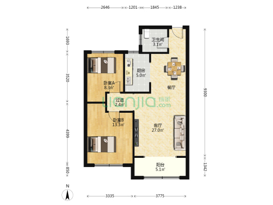 锦园 2室1厅1卫 91平方