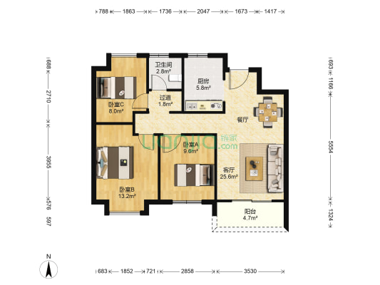 红豆香江豪庭二期 3室1厅1卫 89平方