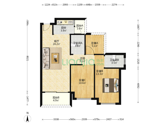 逸基乐天阁 3室1厅2卫 89平方