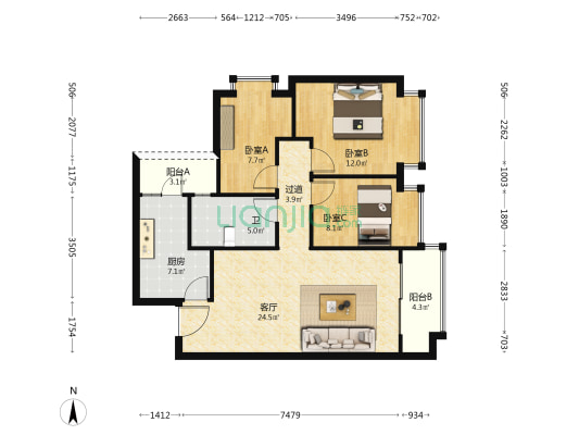 恒大云湖上郡御龙台一组团(6.2) 3室1厅1卫 94平方