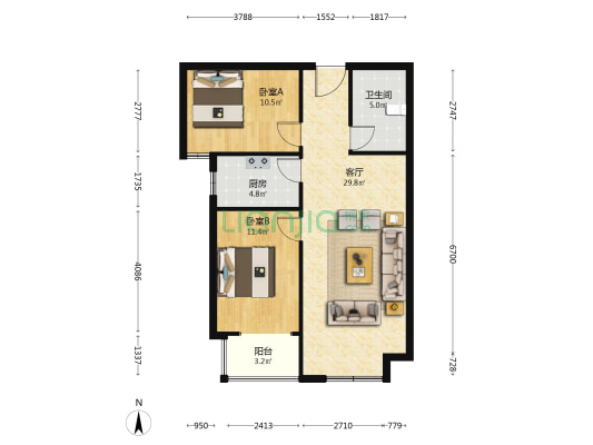 直隶尚都 2室1厅1卫 88平方