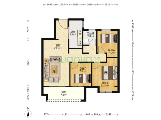 美的东湖天城 3室1厅1卫 95平方