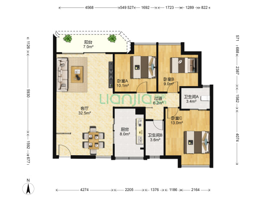 帝景园二期 3室1厅2卫 105平方