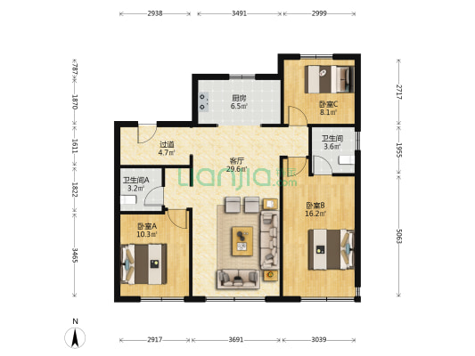 龙湖恒联桃李芳华 3室1厅2卫 113平方