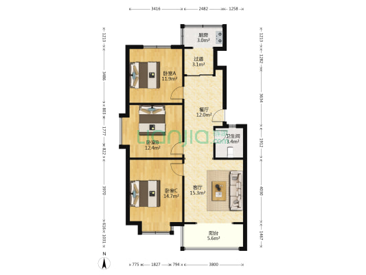 麓秀易居 3室2厅1卫 100平方