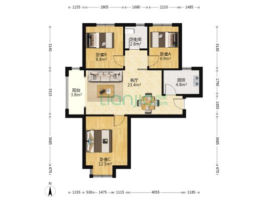 鑫苑城三号院 3室1厅1卫 90平方